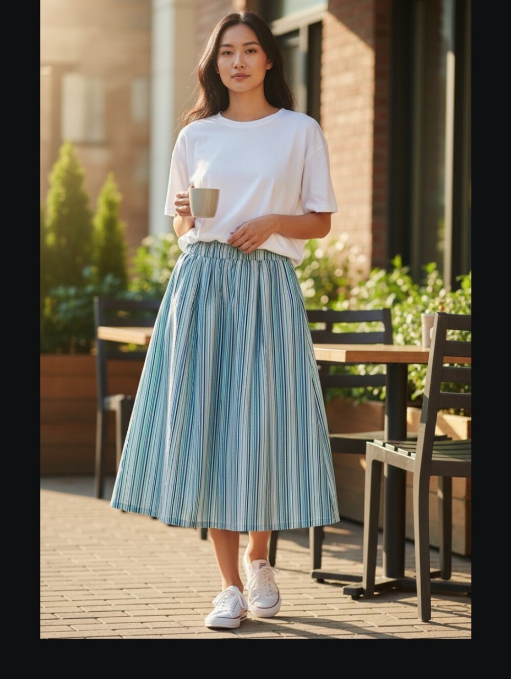 SENTIMENTAL Pleated Blue Striped Midi Skirt - Casual Summer Style